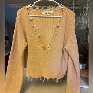 LOVERS + FRIENDS REVOLVE CAMEL BROWN RIBBED B NECK DISTRESSED SWEATER